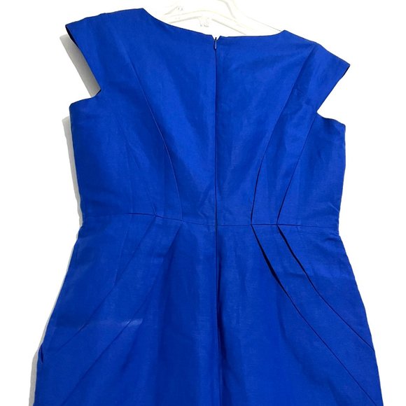 Classic Blue Linen-Blend Career Sheath Dress with Side Pockets - Picture 17 of 17